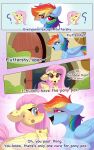  absurd_res blue_body blue_feathers blush comic dialogue english_text equid equine feathers female feral fluttershy_(mlp) friendship_is_magic hasbro hi_res keetch10 mammal my_little_pony pegasus rainbow_dash_(mlp) text wings yellow_body yellow_feathers 