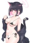  1girl animal_ears bare_shoulders bell bikini black_bikini black_choker black_hair black_jacket blue_archive breasts cat_ears cat_girl cat_tail choker colored_inner_hair extra_ears frills hair_ornament hairclip halo highres jacket jacket_partially_removed kazusa_(blue_archive) long_sleeves looking_at_viewer maid maid_bikini medium_hair miko_(royal_milk) multicolored_hair navel open_clothes open_jacket pink_eyes pink_hair pink_halo side-tie_bikini_bottom simple_background sleeves_past_wrists solo stomach swimsuit tail tail_bell tail_ornament track_jacket unconventional_maid white_background 