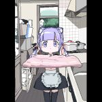  1boy 1girl ^_^ apron black_skirt black_thighhighs blunt_bangs blush_stickers box cardboard_box cat_ear_hairband closed_eyes commentary_request cooking_pot cowboy_shot dot_mouth expressionless food hair_ribbon holding holding_food indoors kitchen lokulo-chan lokulo_no_mawashimono long_hair looking_at_viewer looking_inside low_twintails lowres meat navel open_window original parody photo-referenced pillarboxed pork_belly purple_eyes purple_hair red_ribbon ribbon skirt standing thighhighs twintails waist_apron window wooden_floor 