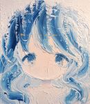  1girl absurdres acrylic_paint_(medium) blue_hair closed_mouth commentary_request dot_mouth dripping highres kamisukimifu limited_palette long_hair looking_at_viewer original painting_(medium) photo_(medium) portrait sidelocks solo sparkle straight-on tareme traditional_media wavy_hair white_background 