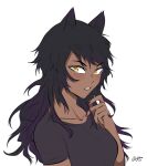  1girl alternate_skin_color animal_ears black_hair black_skirt blake_belladonna breasts cat_ears commentary dark-skinned_female dark_skin english_commentary highres jewelry medium_breasts messy_hair multicolored_hair purple_hair rwby shirt signature skirt solo sytokun t-shirt two-tone_hair upper_body yellow_eyes 