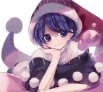  1girl closed_mouth commentary_request doremy_sweet dress fur-trimmed_headwear fur_trim hat head_on_hand highres looking_at_viewer lying on_stomach pom_pom_(clothes) purple_eyes purple_hair red_headwear short_hair simple_background smile solo toori_sototo touhou white_background white_dress 