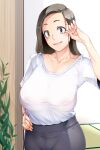 1girl aratama_(a-tama) breasts brown_hair collarbone covered_nipples curvy hand_on_own_hip indoors large_breasts looking_at_viewer mature_female original shirt short_sleeves smile standing white_shirt 