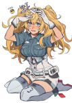  1girl blonde_hair blue_eyes blue_shirt breast_pocket breasts crossed_bandaids emoji gambier_bay_(kancolle) gloves hairband hands_on_own_head headgear highres kantai_collection long_hair medium_breasts one-hour_drawing_challenge open_mouth pocket shirt short_sleeves sidelocks simple_background sitting solo sumoffu tears thighhighs twintails twitter_username white_background 