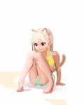  1girl absurdres animal_ears arm_support bare_legs barefoot blonde_hair cat_ears cat_tail commentary_request highres knees_together_feet_apart original shadow simple_background solo squatting sweetonedollar tail white_background 