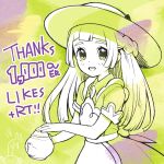  1girl :d blunt_bangs blush braid dress eyelashes from_side green_background green_eyes hat highres holding holding_teapot kinocopro lillie_(pokemon) lillie_(special_costume)_(pokemon) limited_palette long_hair looking_at_viewer looking_to_the_side milestone_celebration official_alternate_costume open_mouth pokemon pokemon_(game) pokemon_masters_ex short_sleeves smile solo sun_hat teapot teeth thank_you upper_teeth_only 