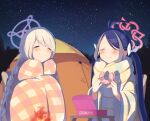  2girls ^_^ bitseon black_hair blue_archive braid camp campfire camping camping_chair closed_eyes commentary_request covering_with_blanket doughnut eating food fubuki_(blue_archive) hair_between_eyes hair_ribbon halo highres holding holding_food kirino_(blue_archive) long_hair looking_at_another low_twin_braids low_twintails multicolored_hair multiple_girls night night_sky parody ribbon sidelocks sky smile star_(sky) starry_sky streaked_hair table twin_braids twintails white_hair yurucamp 