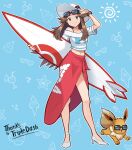  1girl absurdres adjusting_eyewear aged_up aqua_background arm_up black-framed_eyewear bracelet brown_eyes brown_hair closed_mouth commentary commission eevee full_body hair_flaps high_heels highres holding holding_surfboard jewelry knees leaf_(pokemon) long_hair looking_at_viewer mr.thunderigor navel off-shoulder_sweater off_shoulder pokemon pokemon_(creature) pokemon_(game) pokemon_frlg red_skirt sidelocks skirt smile standing sunglasses surfboard sweater white_footwear 