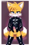  ai_generated anthro balls blush canid canine clothed clothing crossdressing erection fox fur genitals girly latex male mammal miles_prower mobians.ai penis rubber rubber_clothing rubber_suit sega solo sonic_the_hedgehog_(series) yellow_balls yellow_body yellow_fur yellow_penis 