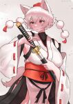  1girl absurdres animal_ear_fluff animal_ears bare_shoulders closed_mouth hat highres holding holding_sheath holding_sword holding_weapon inubashiri_momiji japanese_clothes katana kimono kourindou_tengu_costume obi pom_pom_(clothes) red_eyes ribbon-trimmed_sleeves ribbon_trim sash sheath shirt short_hair simple_background solo sword tail take_(take143000) tokin_hat touhou weapon white_background white_kimono white_shirt white_sleeves wolf_ears wolf_girl wolf_tail 