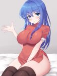  1girl arm_between_legs awayuki_ramika bed bed_sheet black_thighhighs blue_eyes blue_hair blush breasts caeda_(fire_emblem) commentary_request covered_navel crossed_bangs dress fire_emblem grey_background hair_between_eyes highres large_breasts long_hair looking_at_viewer on_bed red_dress short_sleeves side_slit sidelocks simple_background solo thighhighs 