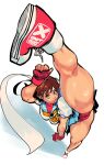  1girl blue_skirt brown_eyes brown_hair cameltoe headband high_kick highres incoming_attack kasugano_sakura kicking leg_up legs_apart miniskirt panties red_footwear red_panties shoes short_hair skirt sneakers split standing standing_on_one_leg standing_split street_fighter underwear white_headband x1ntage 