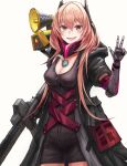  1girl absurdres assault_rifle bag_(chrko_bag) banana_(girls&#039;_frontline) black_jacket breasts cleavage cowboy_shot english_commentary fang girls&#039;_frontline gun hair_between_eyes headgear highres holding holding_gun holding_weapon hood hood_down hooded_jacket jacket long_hair looking_at_viewer m4_carbine m4_sopmod_ii_(girls&#039;_frontline) mechanical_arms medium_breasts megaphone mod3_(girls&#039;_frontline) open_mouth pink_hair red_eyes rifle short_sleeves simple_background single_mechanical_arm smile solo w weapon white_background zipper_pull_tab 