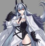  1girl absurdres armored_gloves asymmetrical_dress azur_lane black_gloves black_hair breasts cleavage cleavage_cutout closed_mouth clothing_cutout coat commentary cowboy_shot fur-trimmed_coat fur_trim gloves grey_background hair_between_eyes hair_intakes highres horns kursk_(azur_lane) large_breasts long_hair looking_at_viewer multicolored_hair necktie ouka_(sakura_oinari) red_eyes simple_background streaked_hair two-tone_dress white_hair 
