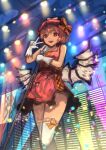  1girl berabou bird_wings dress gloves hat hat_feather highres idol microphone_stand mob_cap mystia_lorelei pink_eyes pink_hair short_dress short_hair solo thighhighs touhou v white_thighhighs wings 