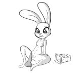  2019 3_toes animal_dildo animal_sex_toy anthro blush box breasts canine_dildo chest_tuft container dildo disney eyelashes feet female fur genitals grey_background greyscale hi_res judy_hopps lagomorph leporid long_ears looking_down mammal monochrome navel nipples pussy rabbit sex_toy shouder_tuft simple_background sitting small_breasts solo tjpones toes tuft zootopia 