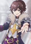  1boy absurdres armor belt brown_hair coat dragalia_lost earrings ekra fur_trim hair_between_eyes harle_(dragalia_lost) highres jewelry long_sleeves looking_at_viewer male_focus open_clothes open_coat open_mouth purple_belt purple_coat short_hair shoulder_armor smirk solo upper_body yellow_eyes 