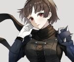  1girl black_scarf blunt_bangs braid breasts brown_hair crown_braid gloves grey_background highres large_breasts looking_at_viewer niijima_makoto persona persona_5 pppppknw red_eyes scarf short_hair shoulder_spikes simple_background smile solo spikes vest white_gloves 