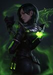  1girl absurdres artist_name ass black_bodysuit black_hair bodysuit expressionless fei_hai from_behind gas glowing green_eyes hair_behind_ear highres holding holding_mask looking_back mask mask_removed realistic short_hair skin_tight snake solo valorant viper_(valorant) 