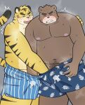  2023 anthro bear blush bodily_fluids clothing cum duo eyes_closed felid genital_fluids hi_res humanoid_hands kemono male male/male mammal moobs navel nipples overweight overweight_male pantherine simple_background sweat tiger tmnt_omawari3 underwear 