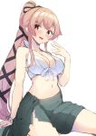  1girl arm_support bare_arms bare_shoulders bikini blush breasts cleavage collarbone green_sarong hair_between_eyes kantai_collection large_breasts long_hair navel open_mouth pink_hair ponytail sarong simple_background solo swimsuit very_long_hair white_background white_bikini yellow_eyes yura_(kancolle) zarashi 
