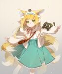  1girl absurdres animal_ear_fluff animal_ears arknights bag balancing black_cat blonde_hair blue_hairband blue_skirt brown_bag cardigan cat chinese_commentary closed_mouth commentary_request creature_on_head feet_out_of_frame fox_ears fox_girl fox_tail frilled_hairband frills green_eyes hair_ornament hair_scrunchie hairband heixiu highres kitsune kyuubi light_brown_background long_hair long_sleeves luoxiaohei multicolored_hair multiple_tails neck_ribbon official_alternate_costume on_head open_cardigan open_clothes outstretched_arms puffy_long_sleeves puffy_sleeves red_ribbon ribbon scrunchie shirt shoulder_bag sidelocks simple_background skirt sleeve_cuffs sleeves_past_wrists solo spread_arms suzuran_(arknights) suzuran_(spring_praise)_(arknights) tail two-tone_hair very_long_hair white_hair white_shirt yellow_cardigan yuany_(1586313587) 