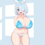 1girl alternate_breast_size arona_(blue_archive) bikini blue_archive blue_bikini blue_eyes blue_hair blush braid breasts curvy hair_over_one_eye hairband halo highres huge_breasts light_blue_hair medium_hair navel open_mouth oppai_loli shirogane_hakuba shortstack side_braid smile solo stomach swimsuit thick_thighs thighs 