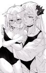  2girls arknights blush breasts choker cleavage collarbone dragon_horns feather_hair glasses greyscale highres horns large_breasts long_hair miyachi_(tanya_visha) monochrome multiple_girls oripathy_lesion_(arknights) parted_lips saria_(arknights) short_hair silence_(arknights) sweat undressing_another yuri 