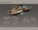  3d amarr_empire_(eve_online) battlecruiser_(eve_online) beam_cannon blueprint_(medium) cannon commentary concept_art energy_cannon eve_online flying from_side glint glowing highres laser_cannon military military_vehicle multiple_views no_humans origim original radio_antenna realistic reference_sheet science_fiction spacecraft thrusters turret vehicle_focus 