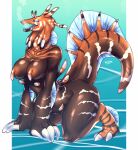  all_fours anthro big_breasts breasts brown_body claws eel female fin fish hi_res marine monster nude open_mouth sharp_teeth solo tail tail_fin tatta75 teeth thick_thighs thicktail 