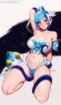  1girl arm_behind_head arm_up artist_name ball bare_shoulders bird blue_panties blush breasts cleavage detached_sleeves gloves green_hair hair_bun heart heart_in_eye highres large_breasts league_of_legends lingerie looking_at_viewer merellyne navel orianna_(league_of_legends) panties shiny_skin short_hair single_hair_bun solo space star_guardian_(league_of_legends) star_guardian_orianna stomach symbol_in_eye teeth tentacles underwear web_address white_background white_gloves 