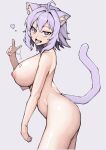  1girl absurdres after_fellatio animal_ear_fluff animal_ears breasts cat_ears cat_tail clenched_hand completely_nude cum cum_in_mouth cum_on_body cum_on_breasts cum_on_fingers cum_on_hair cum_on_tongue cum_string cumdrip heart heart-shaped_pupils highres hololive large_breasts looking_at_viewer medium_hair nekomata_okayu nipples nude purple_eyes purple_hair seino_(sasakike1305) simple_background solo spread_fingers symbol-shaped_pupils tail tongue tongue_out 