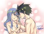  1boy 1girl artist_name black_hair blue_eyes blue_hair breasts closed_mouth collarbone dated fairy_tail gray_fullbuster hair_between_eyes hand_on_another&#039;s_cheek hand_on_another&#039;s_face hands_on_another&#039;s_arm jewelry juvia_lockser long_hair looking_at_another mashima_hiro medium_breasts necklace nude official_art parted_lips pink_background shiny_skin short_hair signature spiked_hair upper_body 