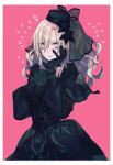  1girl ascot black_ascot black_capelet black_dress black_flower black_gloves black_headwear black_rose black_veil blonde_hair blush border capelet clenched_hand clenched_teeth dress eyes_visible_through_hair fate/grand_order fate_(series) flower flying_sweatdrops furrowed_brow gloves grey_eyes hair_flower hair_ornament hand_on_own_cheek hand_on_own_face hand_up hat kanitama_(putyourhead) kriemhild_(fate) long_hair long_sleeves looking_at_viewer mole mole_under_eye pink_background ponytail rose simple_background solo squiggle teeth veil wavy_hair white_border 