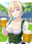 1girl :d alcohol alternate_costume beer beer_mug blonde_hair blouse blurry blurry_background braid braided_bun breasts cleavage collarbone commentary_request cup dirndl german_clothes hair_between_eyes hair_bun highres holding holding_cup kantai_collection kotou_yogen long_hair looking_at_viewer medium_breasts mug oktoberfest perth_(kancolle) purple_eyes shirt single_braid smile solo tent upper_body white_shirt 