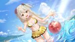  1girl ball beach beachball bikini blonde_hair flower hair_between_eyes hair_flower hair_ornament highres long_hair navel open_mouth original red_flower solo stomach swimsuit water yellow_bikini yu_ri_0320 