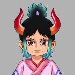  1boy absurdres black_hair closed_mouth fusion green_hair grey_background high_ponytail highres horns if_they_mated japanese_clothes looking_at_viewer male_focus momonosuke_(one_piece) multicolored_hair one_piece orange_eyes original ponytail raulkuro short_hair simple_background solo spanish_commentary traditional_clothes upper_body v-shaped_eyebrows yamato_(one_piece) 