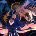  2boys abs aizetsu_(kimetsu_no_yaiba) animal_feet animal_hands artist_name beads bird_wings black_nails blue_eyes blue_hair blue_sclera bridal_gauntlets brown_hair brown_wings claws closed_mouth colored_sclera dark-skinned_male dark_skin demon_boy fangs feathered_wings fingernails flying grey_horns hand_in_another&#039;s_hair hand_up hands_up harpy_boy highres holding holding_polearm holding_weapon horns japanese_clothes kimetsu_no_yaiba long_fingernails long_hair long_sleeves looking_at_another male_focus mamimume_momo monster_boy mountain mountainous_horizon multiple_boys no_shirt one_eye_closed open_mouth outdoors pointy_ears polearm rope shimenawa signature standing talons tassel tasuki text_in_eyes text_in_mouth toned toned_male upside-down urogi_(kimetsu_no_yaiba) veins weapon wings yellow_eyes yellow_sclera 