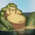  anthro artlamelt belly big_belly catfish demon digital_media_(artwork) featureless_crotch fish green_body green_eyes league_of_legends male male_anthro marine navel nude nude_anthro nude_male outside overweight overweight_anthro overweight_male partially_submerged riot_games sea sharp_teeth sitting sky solo tahm_kench_(lol) teeth water whiskers yellow_body 