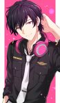  1boy absurdres arm_at_side black_hair breast_pocket character_request closed_mouth commentary_request headphones headphones_around_neck helios_rising_heroes high_collar highres jewelry long_sleeves looking_at_viewer male_focus necklace necktie partial_commentary pink_eyes pocket sekina short_hair sleeves_past_elbows solo upper_body white_necktie 