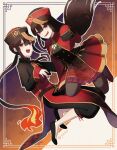  1boy 1girl black_pants brother_and_sister family_crest fangs fate/grand_order fate_(series) full_body hand_on_own_hip jiangshi long_hair oda_nobukatsu_(fate) oda_nobunaga_(fate) oda_uri ofuda otoko_no_ko outstretched_arms pants ponytail red_eyes siblings yzrh0 zombie_pose 