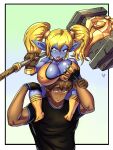  big_breasts blonde_hair blue_body blush breast_grab breast_play breasts carrying carrying_another cleavage clothed clothing duo female hair hammer hand_on_breast hi_res huge_breasts human humanoid humanoid_pointy_ears league_of_legends male male/female mammal nipple_outline nipples on_shoulders pigtails poppy_(lol) riot_games shirt short_stack skimpy t-shirt tesan tools topwear yordle 