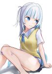  1girl absurdres ass bad_source blue_eyes blue_hair evermind fins fish_tail gawr_gura gawr_gura_(school_uniform) highres legs looking_to_the_side miniskirt multicolored_hair on_floor school_uniform self-upload shark_girl shark_tail shirt sitting skirt solo tail virtual_youtuber yellow_shirt 