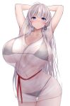  1girl absurdres arms_behind_head azur_lane bikini blue_eyes blush breasts cleavage closed_mouth collarbone cowboy_shot curvy earrings grey_hair highres huge_breasts jewelry long_hair looking_at_viewer mainz_(azur_lane) mainz_(the_silkiest_brew)_(azur_lane) navel see-through single_earring solo standing string string_of_fate swimsuit swimsuit_under_clothes thick_thighs thighs white_background wide_hips yuuki_shuri 