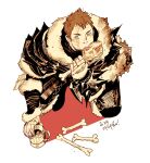  1boy ardbert_hylfyst blue_eyes bone bracelet brown_hair cup dated eating final_fantasy final_fantasy_xiv from_above full_body fur_trim hyur jewelry kotteri male_focus mug short_hair solo spiked_bracelet spikes squatting uneven_eyes 