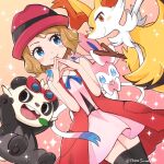  1girl black_thighhighs blonde_hair blue_eyes blue_ribbon blush_stickers braixen closed_mouth coat commentary_request dress eyelashes gradient_background hands_up hat highres neck_ribbon open_clothes open_coat outline own_hands_together pancham pink_dress pink_headwear pokemon pokemon_(anime) pokemon_(creature) pokemon_xy_(anime) pokesumomo red_coat ribbon serena_(pokemon) sleeveless_coat smile sparkle steepled_fingers sylveon thighhighs twitter_username watermark 