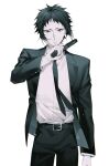  1boy akat42273008 akutagawa_ryuunosuke_(bungou_stray_dogs) belt bungou_stray_dogs closed_mouth collared_shirt cowboy_shot formal greyscale gun hand_up handgun highres holding holding_gun holding_weapon jacket looking_at_viewer male_focus monochrome multicolored_hair necktie pants shirt short_hair simple_background solo standing suit two-tone_hair weapon 