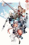  4girls absurdres animal_ears arknights armor ashlock_(arknights) breasts cannon crossbow fartooth_(arknights) flametail_(arknights) grey_eyes grey_hair gun highres holding holding_crossbow holding_gun holding_polearm holding_sword holding_weapon kensei_(v2) lance limbless_crossbow multiple_girls orange_eyes orange_hair polearm red_hair sword tail visor_(armor) weapon wild_mane_(arknights) 