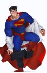  1boy absurdres bara black_hair black_pants blue_bodysuit blue_eyes blush bodysuit bulge cape clark_kent clothes_pull covered_abs dc_comics glasses highres hoonzino large_pectorals male_focus muscular muscular_male my_adventures_with_superman open_clothes open_shirt pants pants_pull pectorals red_cape shirt short_hair solo superman superman_(series) white_shirt 