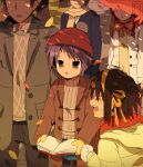  2boys 3girls asahina_mikuru autumn autumn_leaves bendedede book brown_coat brown_eyes coat falling_leaves highres holding holding_book koizumi_itsuki kyon leaf multiple_boys multiple_girls nagato_yuki purple_hair scarf short_hair suzumiya_haruhi suzumiya_haruhi_no_yuuutsu 